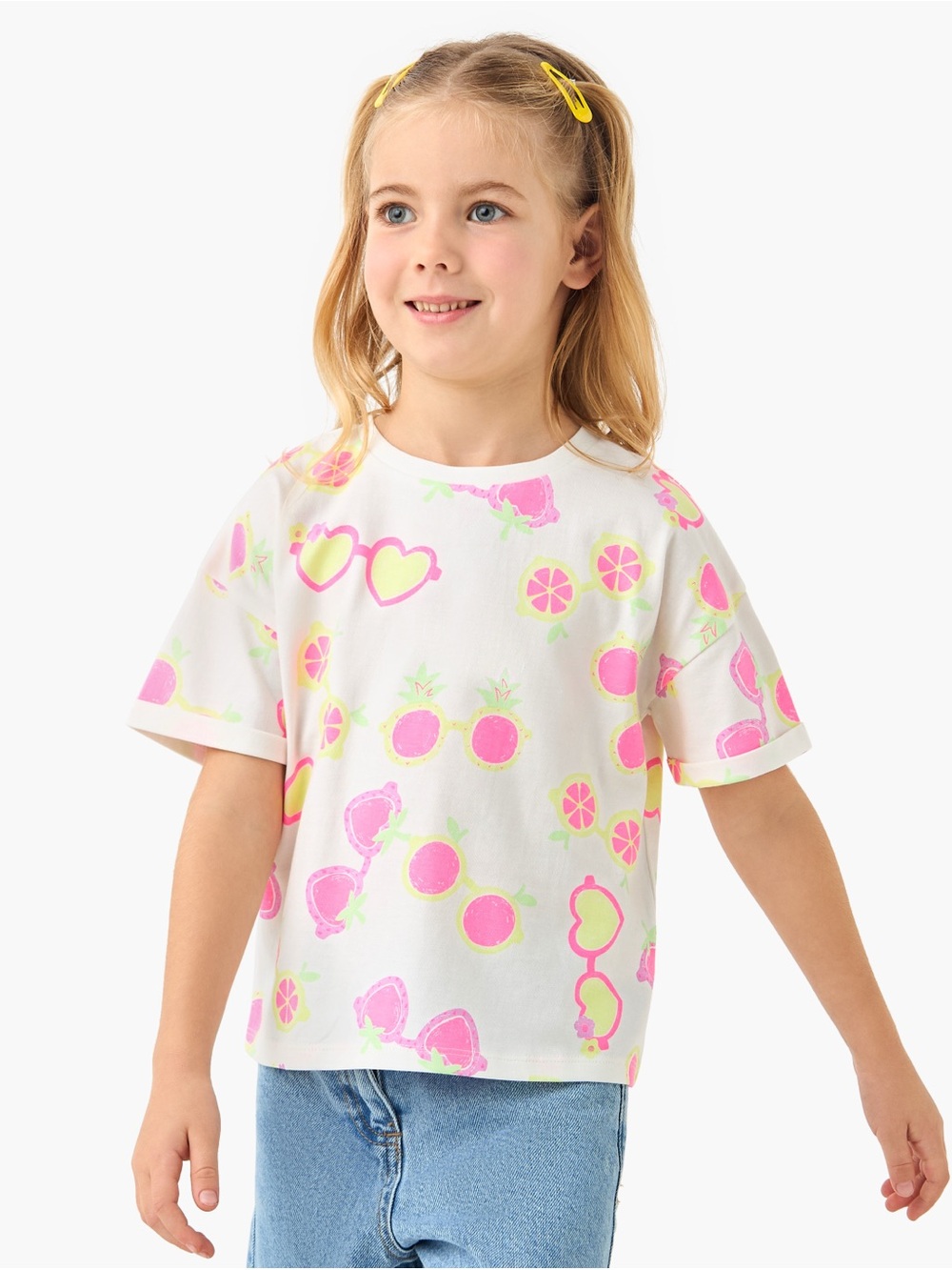 π«4/$25 β’ Zara White Tee with Pink and Neon Yellow Fruit & Sunglasses Print